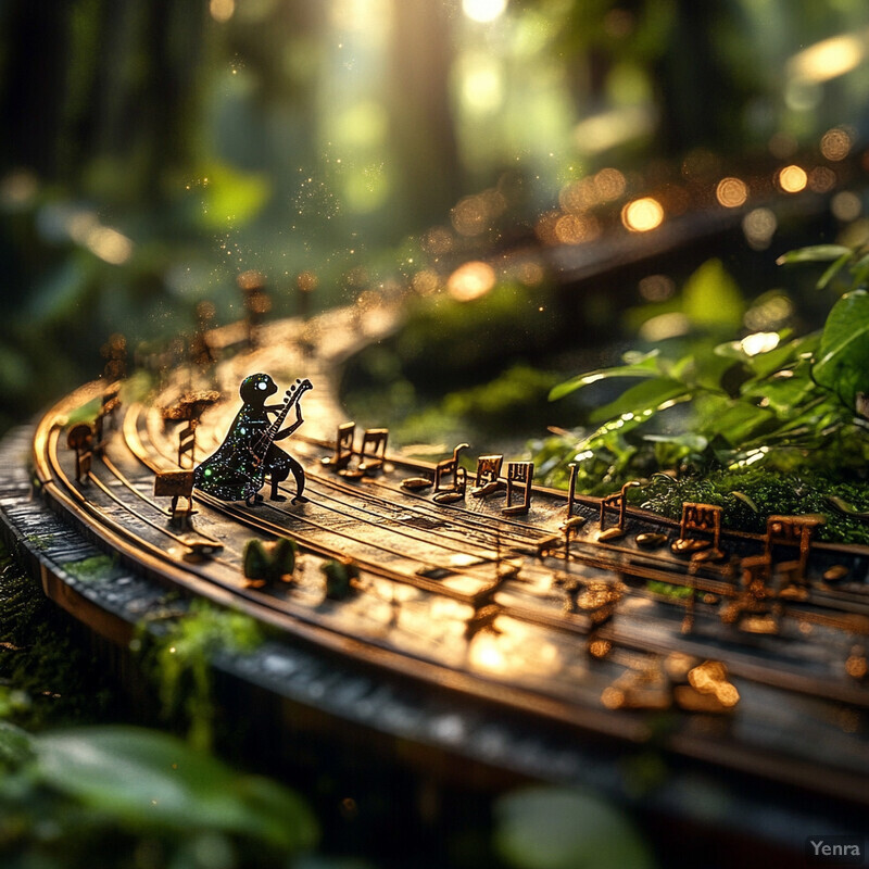 A miniature train track in a forest with chairs and figures.