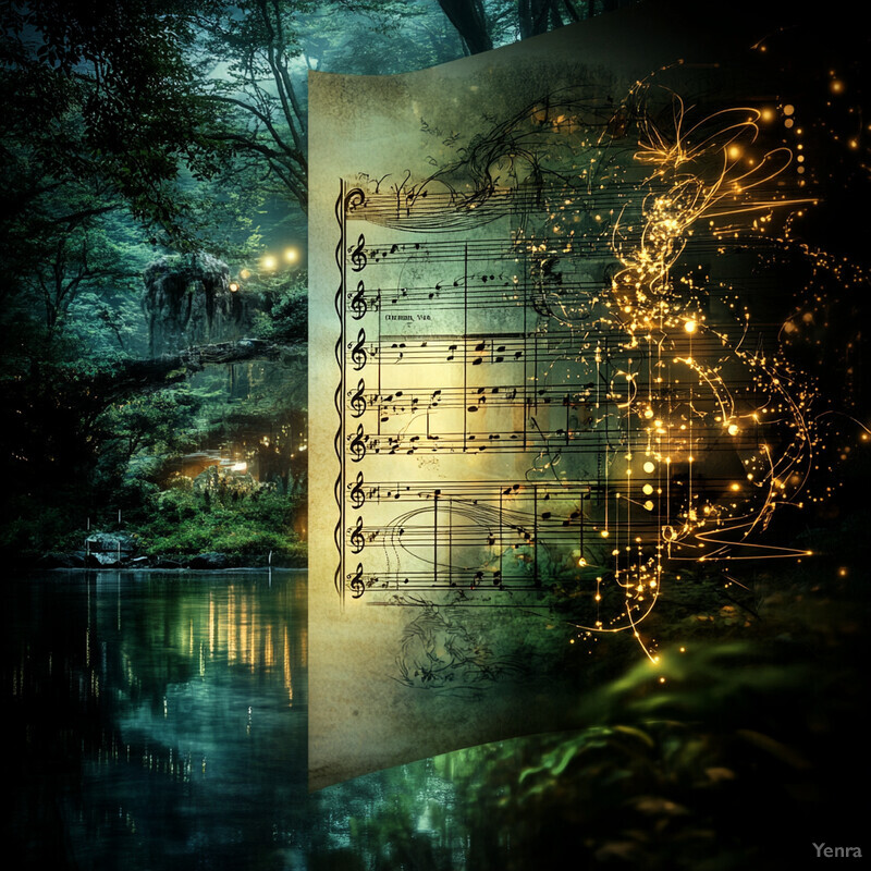 A serene forest scene with an open sheet of music featuring black notes on a green background.