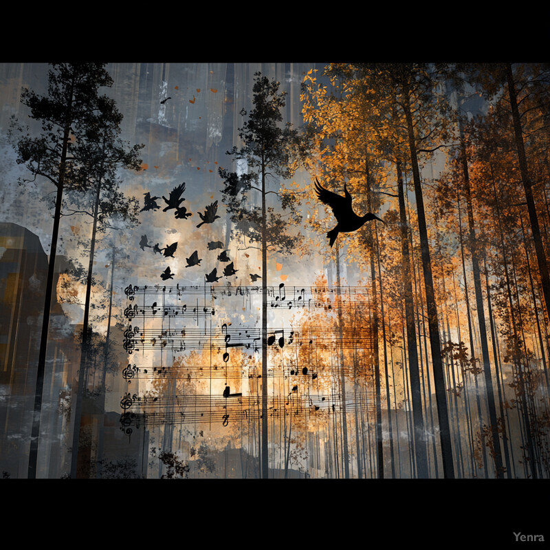 A peaceful forest scene with birds in flight and tall trees.