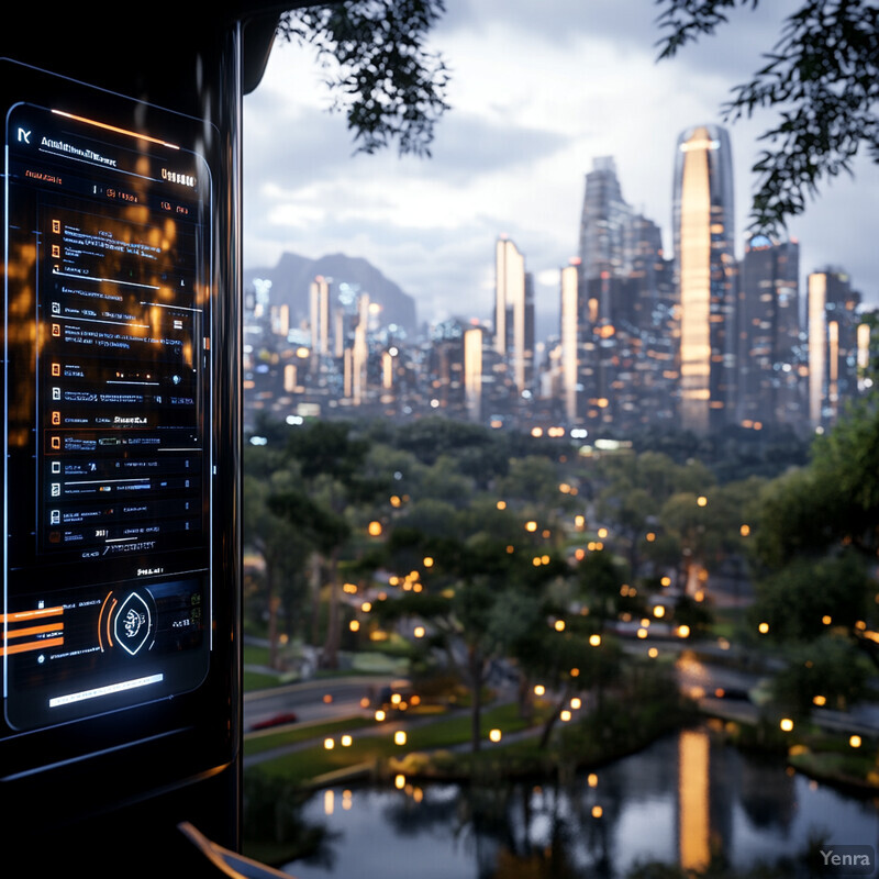 A futuristic cityscape with a large screen displaying data and information.