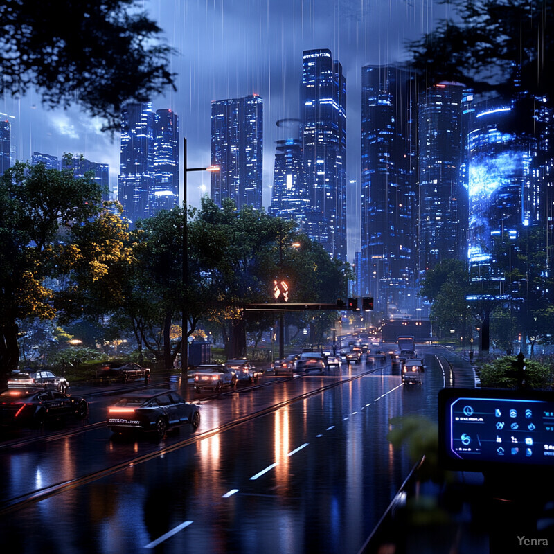 A futuristic cityscape at night, featuring towering skyscrapers and sleek vehicles.