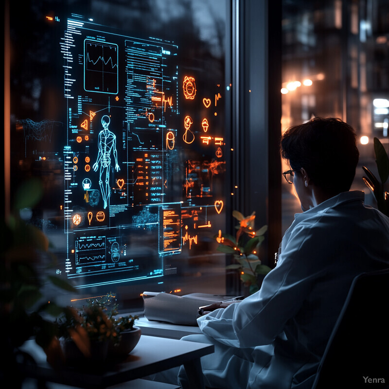 A person in a white lab coat sits in front of a screen displaying medical information, likely an Automated Symptom Triage and Telemedicine Support system.