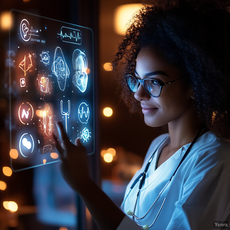 A woman in a white shirt and stethoscope is standing in front of a large screen displaying medical symbols.