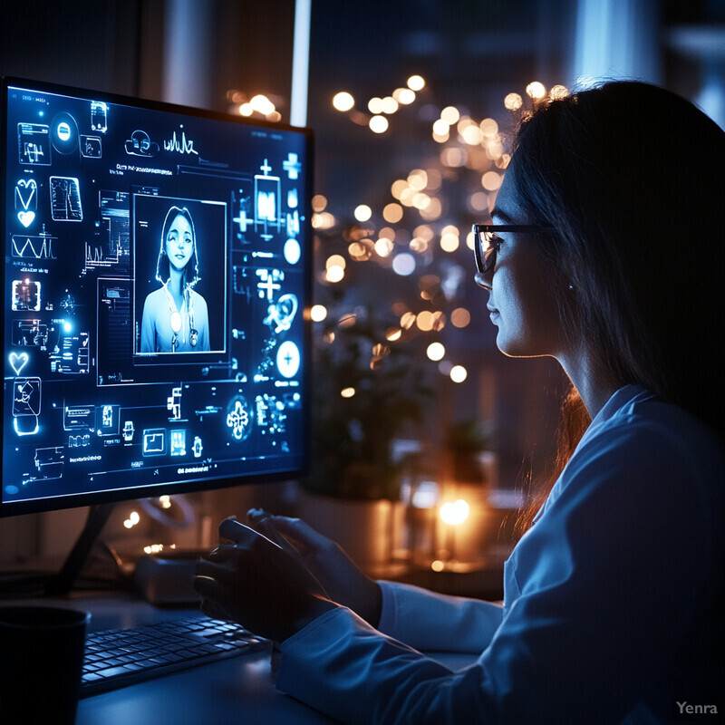 A woman is using a computer to display medical symbols and graphics while looking at a young girl's face on the screen.