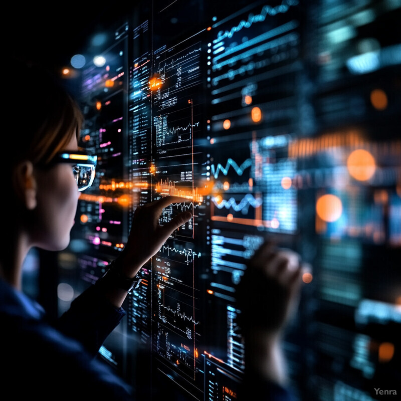 Two individuals examine a large screen displaying graphs and charts.