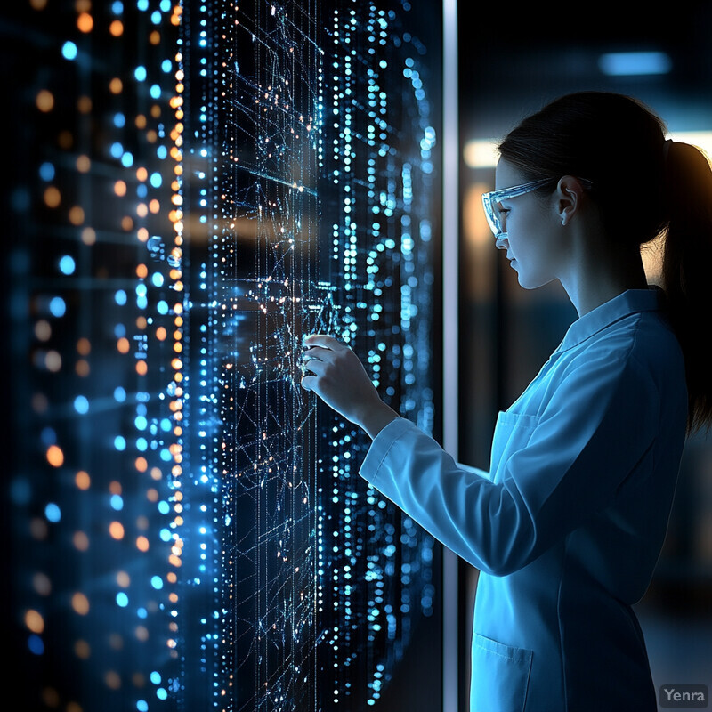 A woman in a lab coat examines a large screen displaying a complex molecular structure.