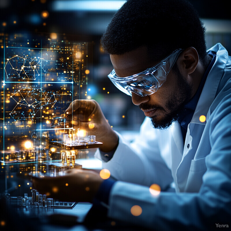 A scientist in a lab coat and goggles examines a small glass vial on a microscope slide.