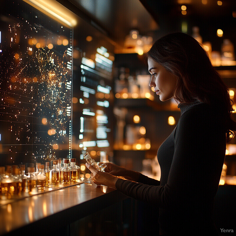 A woman stands in front of a tall, rectangular display case in a museum or gallery setting, admiring the various bottles and vials filled with liquids of different colors and shapes.