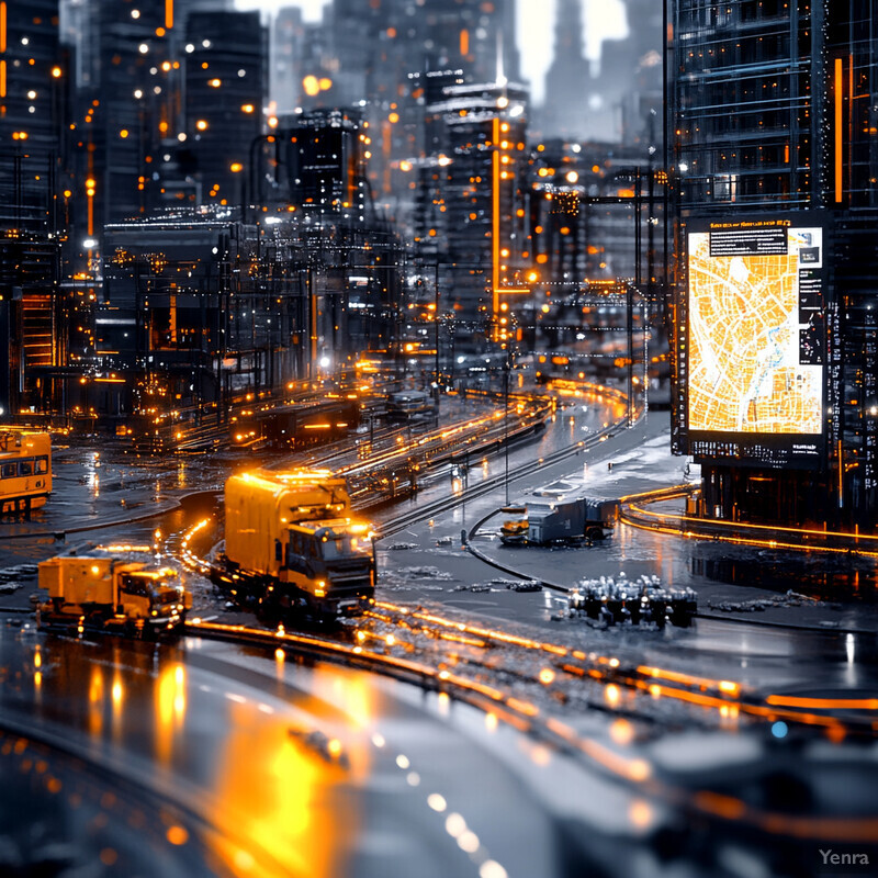 A futuristic cityscape at night, with a focus on transportation and technology.