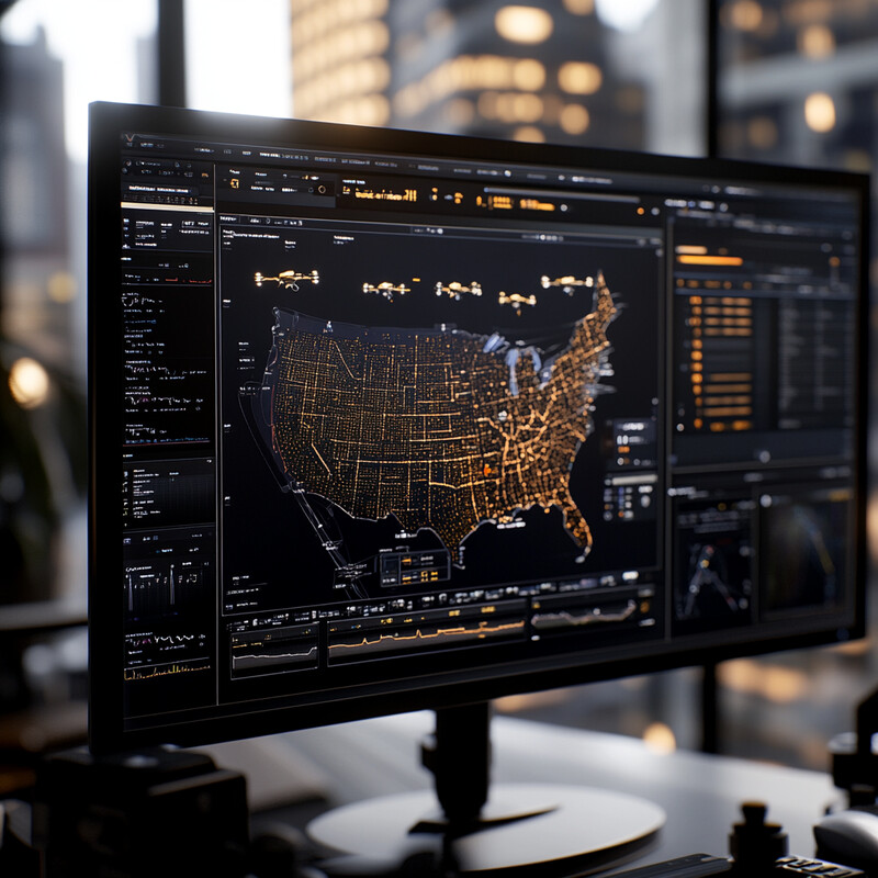 A computer monitor displays a detailed map of the United States with overlaid data points and statistics.