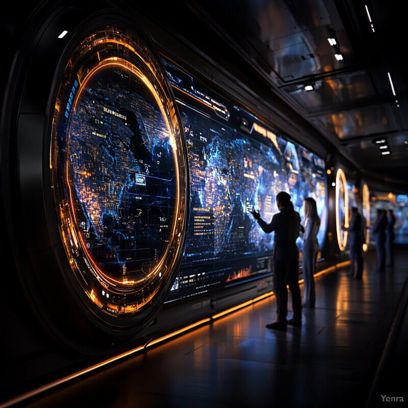 A futuristic high-tech setting with multiple large screens displaying data and several people gathered around them.