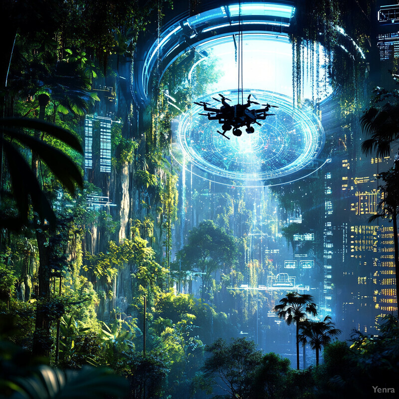 A futuristic cityscape with a lush forest in the foreground and a drone hovering above.