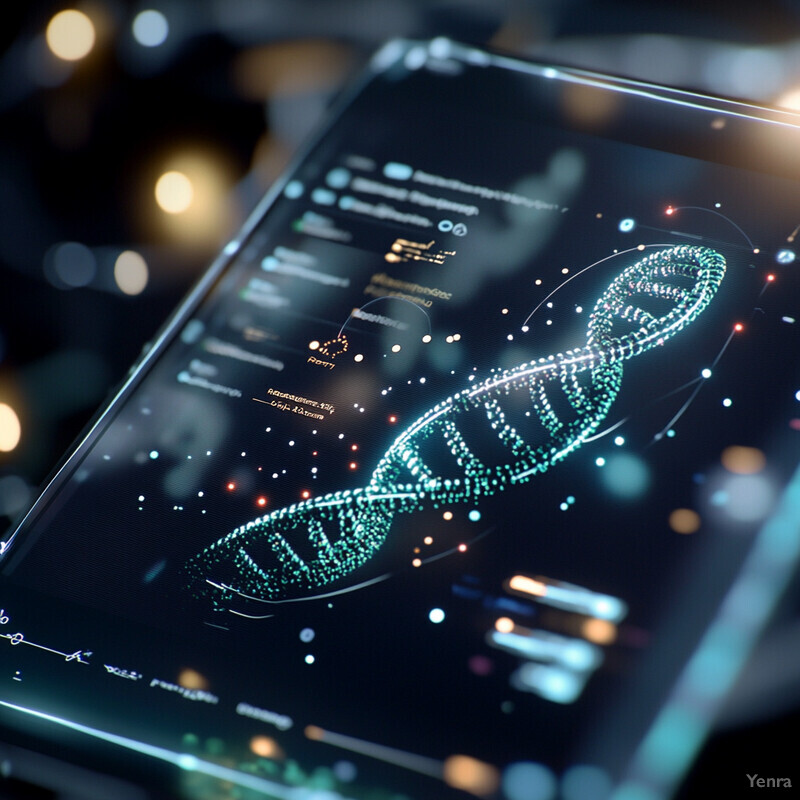 A computer screen displays a DNA double helix structure in green on a dark blue background.