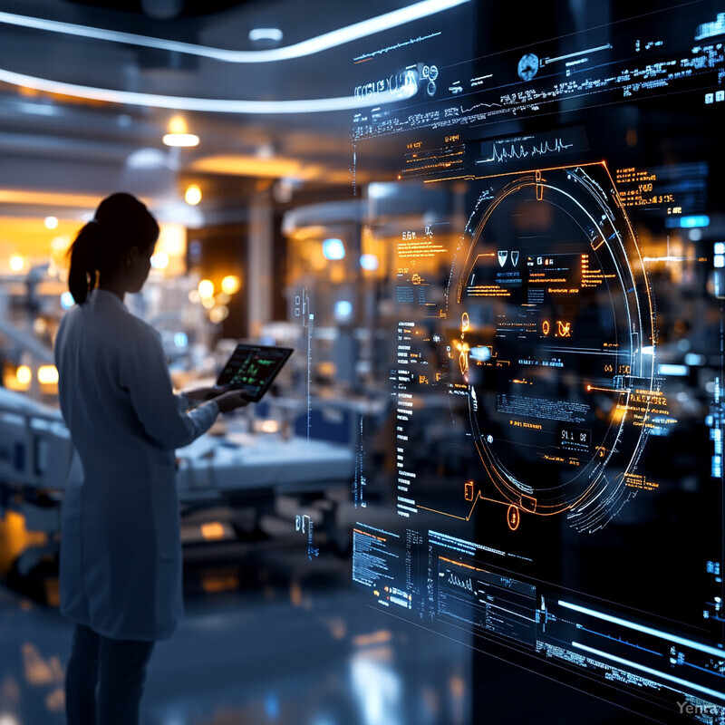 A woman in a white lab coat looks at a large screen displaying health system strain forecasting data.