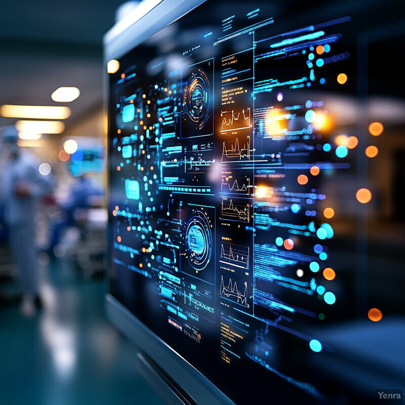 A large screen displays graphs and charts related to healthcare data in a hospital setting.