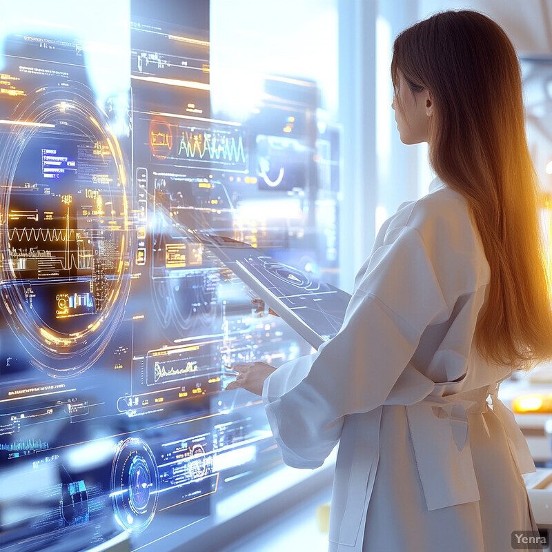 A woman in a white lab coat is analyzing data on a large screen.