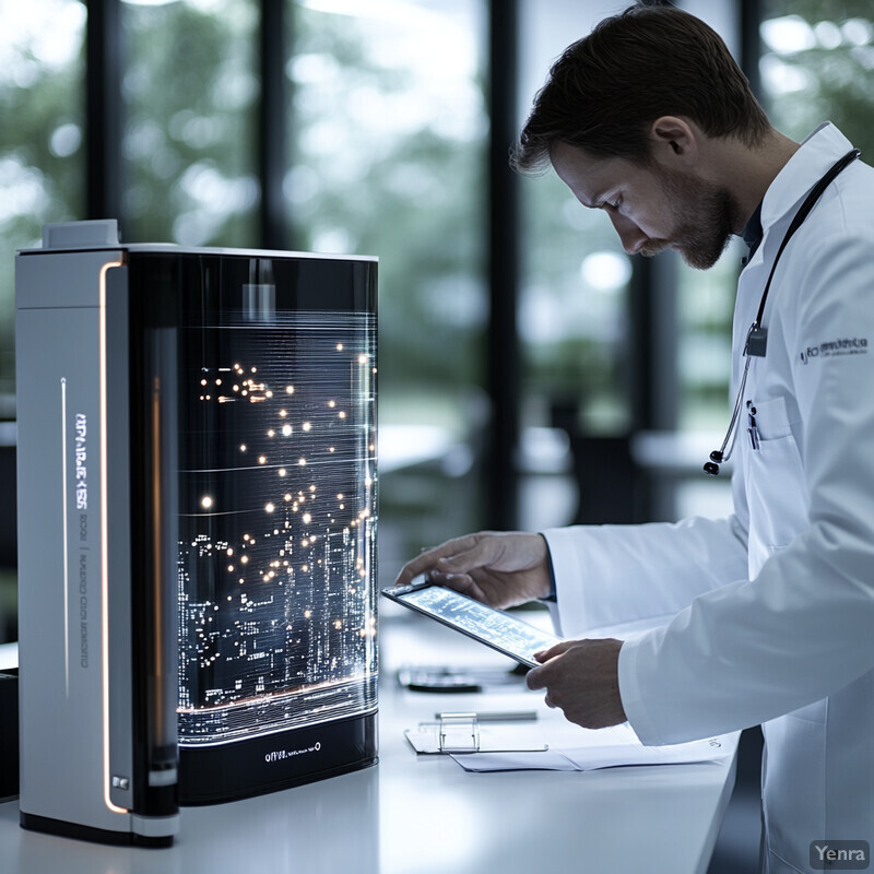 A doctor or researcher stands in front of a futuristic device, using it to analyze data or conduct research.