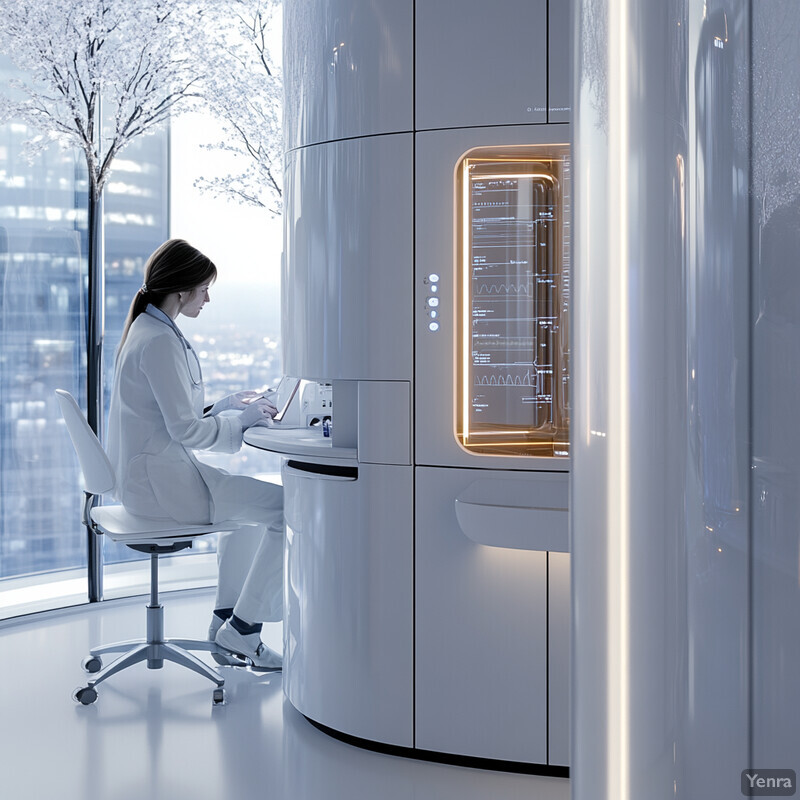 A futuristic medical laboratory with advanced diagnostic equipment and a woman working at a desk.