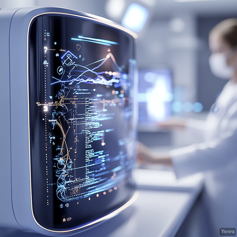 A computer monitor displays a graph related to medical data analysis, while a person in the background works on a project or analyzes data.