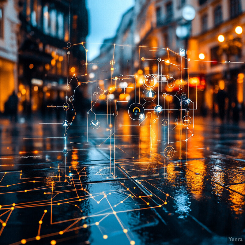 A rainy evening in the city, with people going about their daily business.