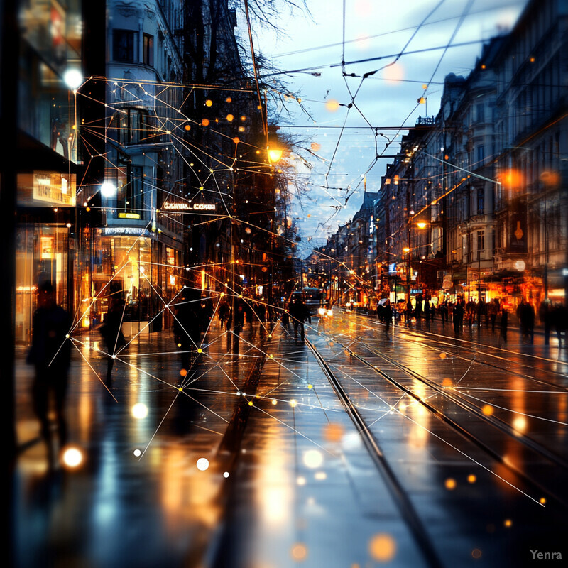 A city street at dusk or dawn with a moody atmosphere and people walking along the sidewalk.