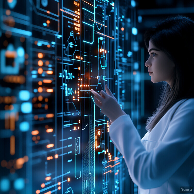 A woman in a white lab coat is analyzing data on a large screen related to vaccine efficacy and waning immunity.