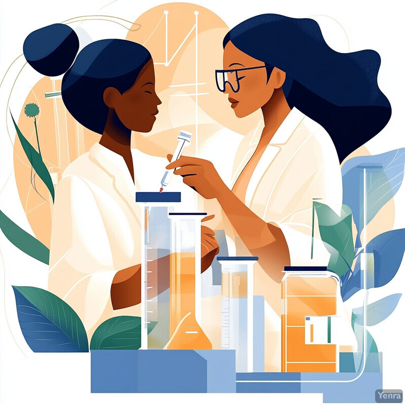 Two women in lab coats collaborate on a scientific project at a laboratory bench.