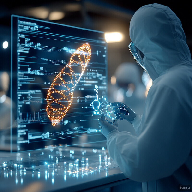 A person in a lab coat is working with genomic data on a large screen.