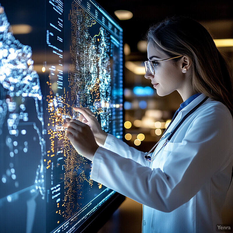 A woman in a white lab coat points to a section on a large screen displaying data and graphs.