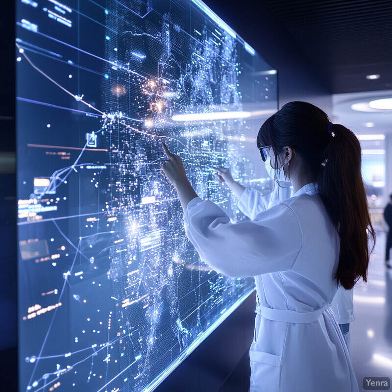 Two women in white lab coats study a complex network diagram on a large screen.