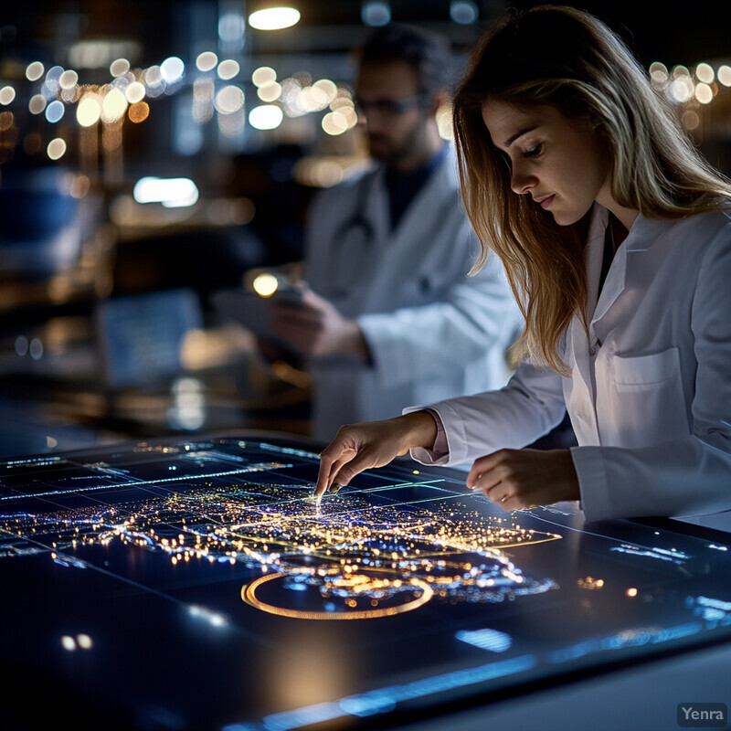 Two people in white lab coats working on a project related to urban planning or infrastructure development.