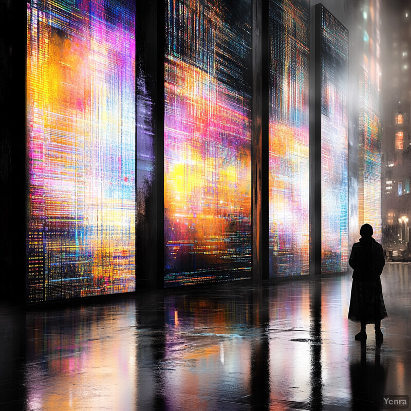 A person stands in front of three large screens displaying vibrant, colorful patterns, suggesting an interactive art installation.