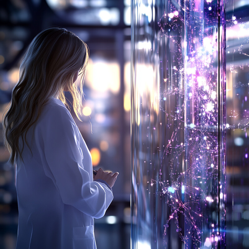 A woman in a lab coat stands in front of a large glass cylinder, possibly containing scientific equipment or an experiment.