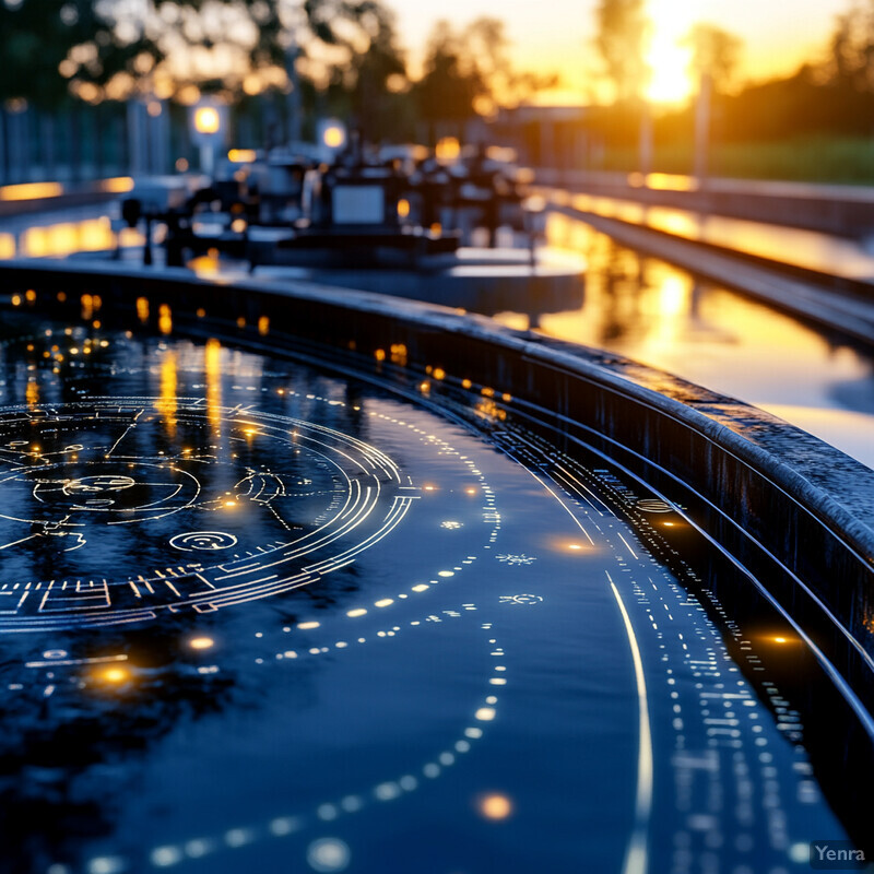 A futuristic wastewater surveillance system with multiple circular pools and intricate designs.