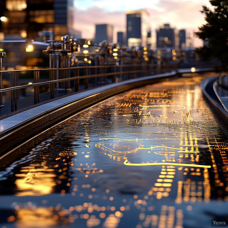 A peaceful cityscape with a body of water and skyscrapers in the background.