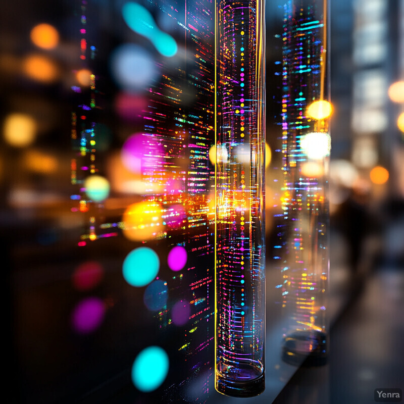 A cityscape at night with tall buildings and skyscrapers illuminated by neon lights.