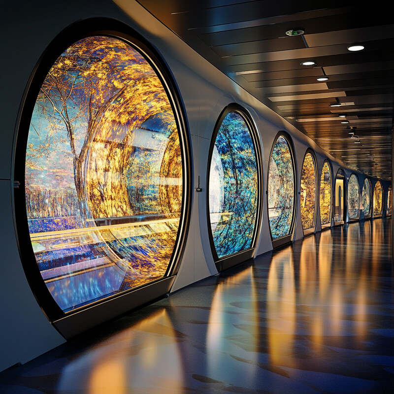 A row of circular displays in an art gallery or museum featuring paintings of trees with various color palettes.