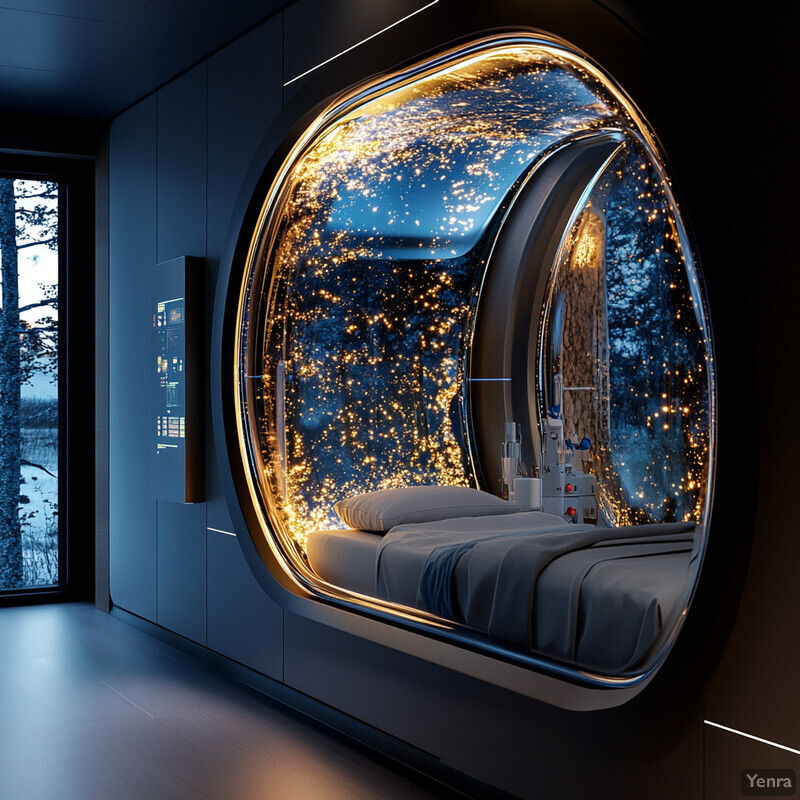 Futuristic bedroom with a large circular window and cozy atmosphere.