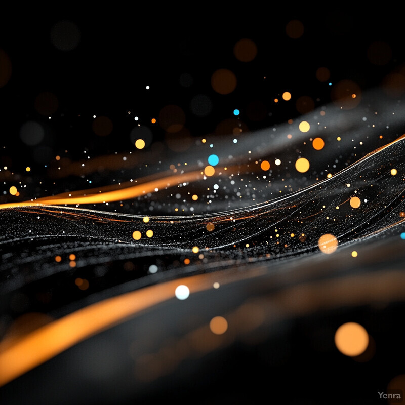 A digital abstract art piece featuring black and orange swirling lines with scattered dots of blue, white, and orange.