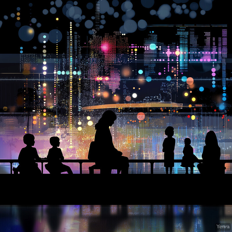 A group of people sitting on a ledge overlooking a city at night, silhouetted against the bright lights.