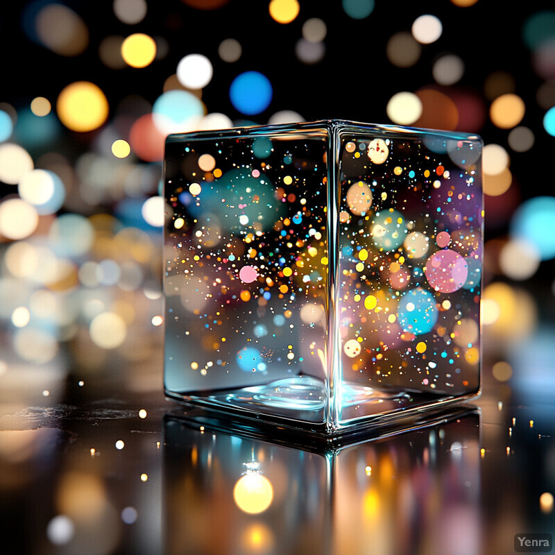 An array of multicolored lights suspended within glass containers on a black surface.