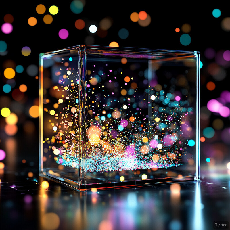 A glass cube with a multicolored light display inside, set against a black background.