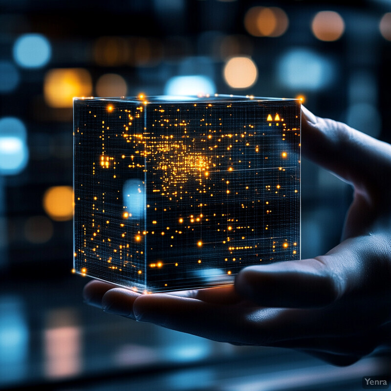 A person's hand holds a transparent 3D cube filled with intricate patterns and details, set against the backdrop of a cityscape at night.