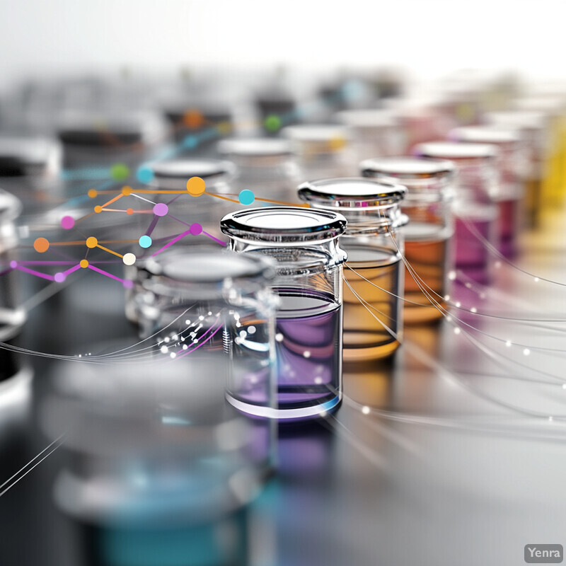 Rows of small glass containers filled with various colored liquids in a laboratory setting.