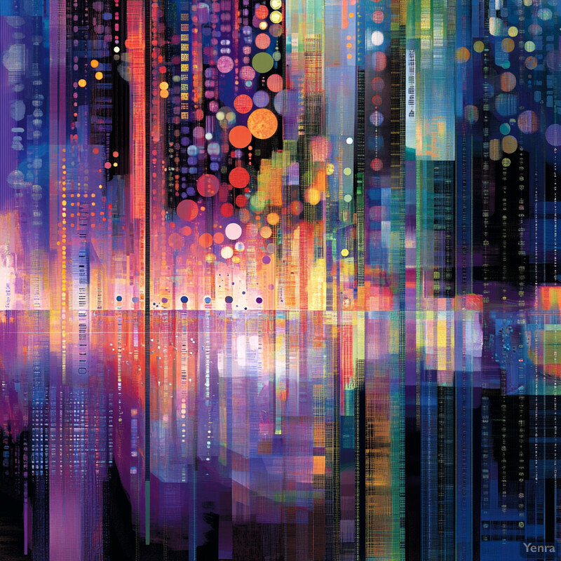 An abstract representation of a cityscape at night, with towering skyscrapers and bustling streets.