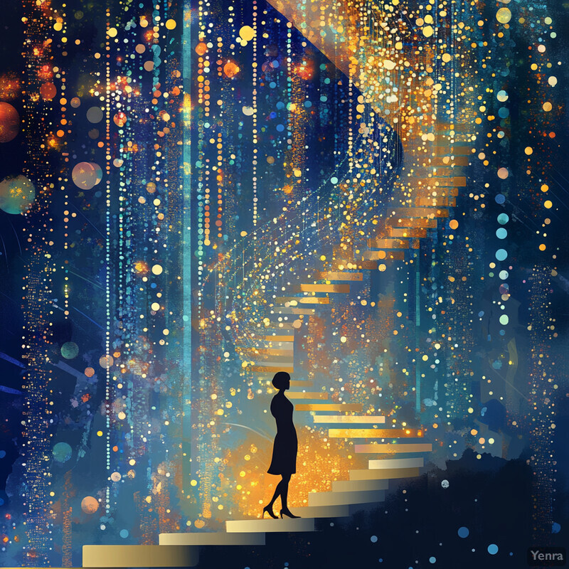 A woman stands on a staircase surrounded by a vibrant and dynamic background, symbolizing human aspiration and achievement.