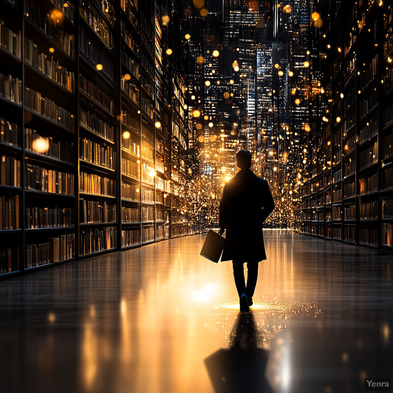 A man walks down an aisle in a library or bookstore, surrounded by rows of bookshelves.