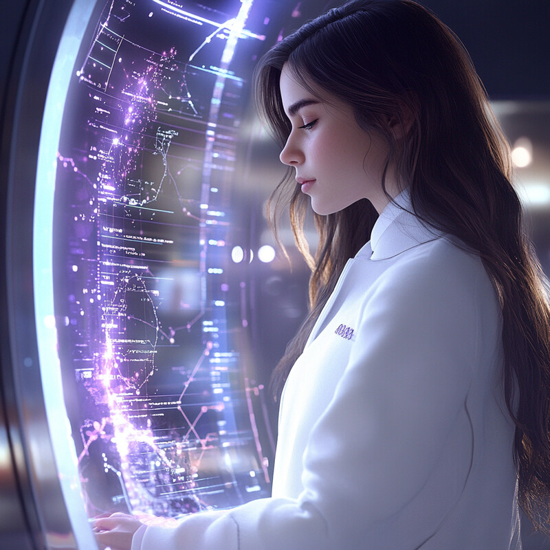 A woman in a white lab coat stands intently in front of a large circular screen displaying various graphs and charts.