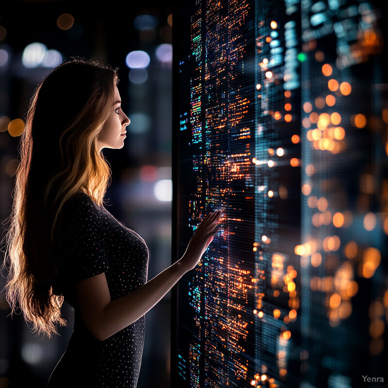 A woman stands in front of a window, gazing out at the cityscape at night.