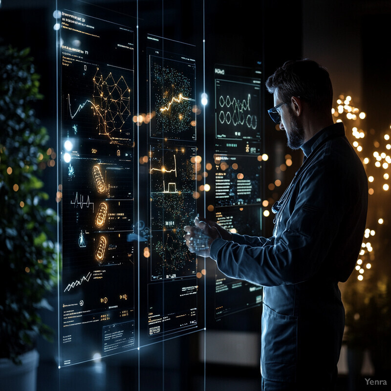 A man is analyzing data on a large screen in an office or laboratory setting.